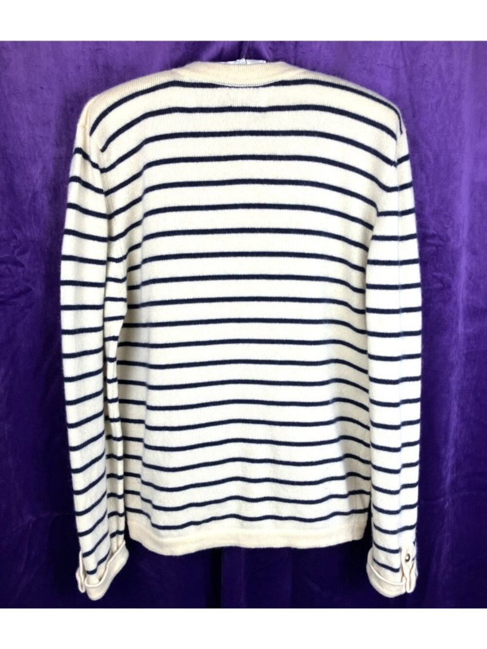 S M Vintage Chanel Cream & Black Breton Stripe Cashmere Cardigan Logo Buttons - Picture 3 of 8